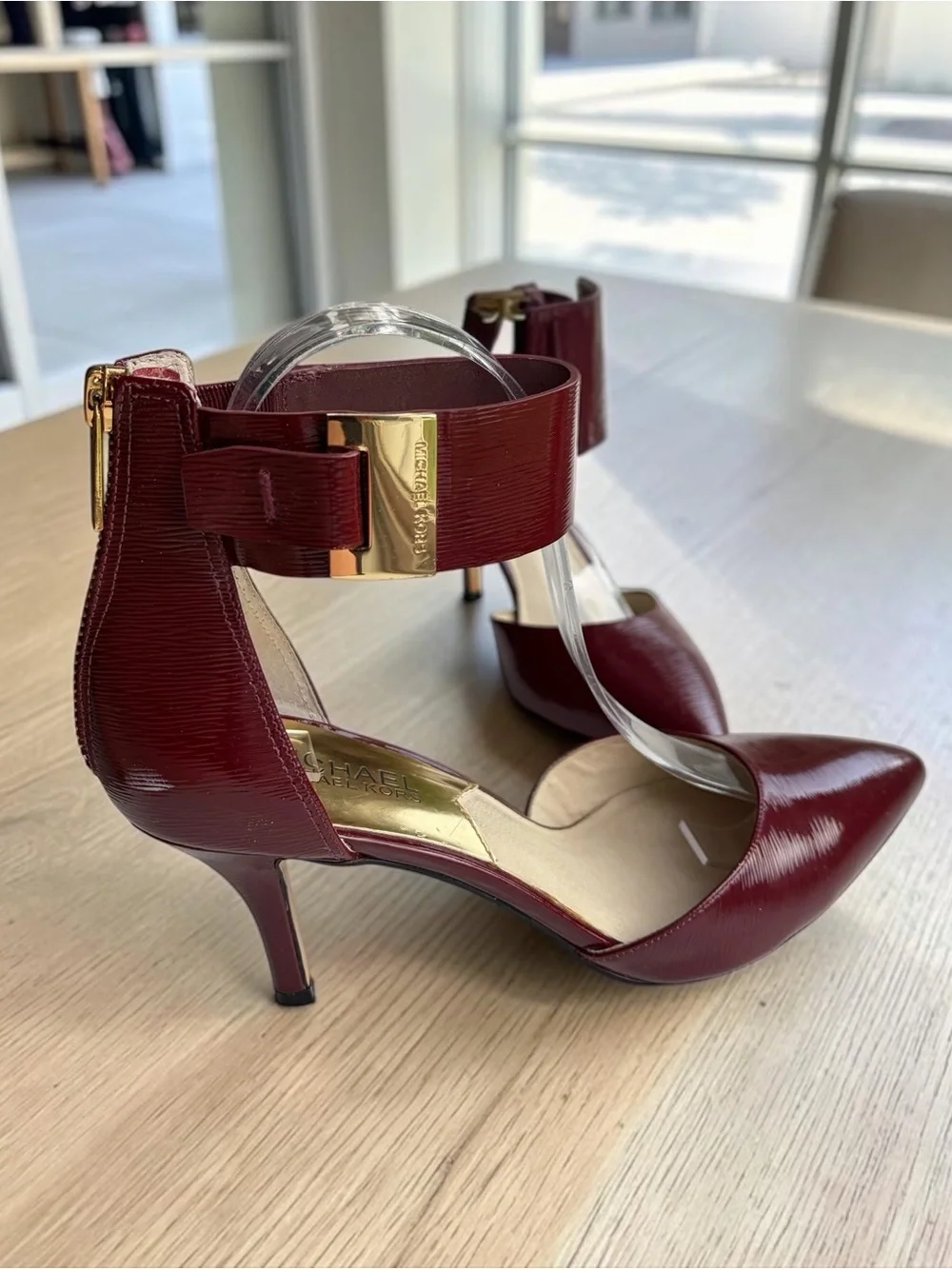 Michael Kors Burgundy Pointed-Toe Ankle-Strap Heels with Gold Accent